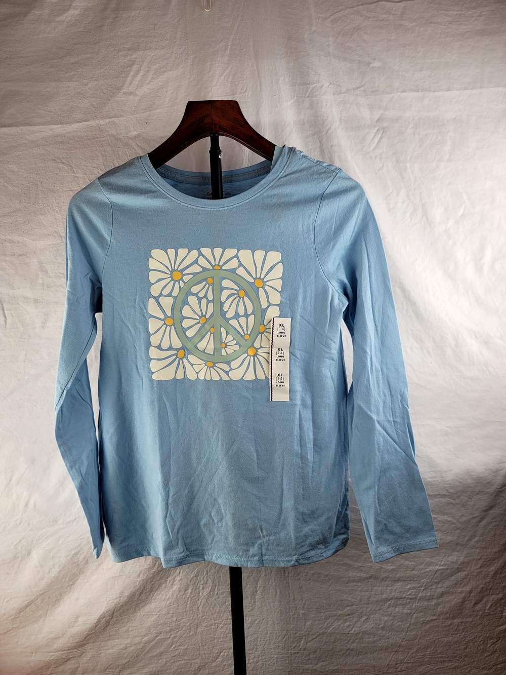 NWT Cat & Jack Girls Dusty Blue Long Sleeve Peace Sign Daisy Graphic Tee XL (14)